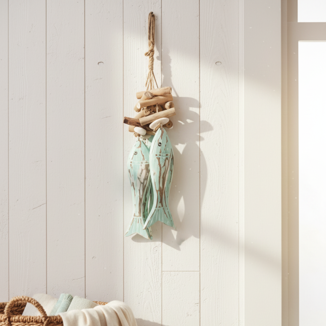 mint-painted hand-carved wooden fish hanging from a driftwood branch hanger, styled on a whitewashed wall in a bright coastal living room with rattan and linen accents
