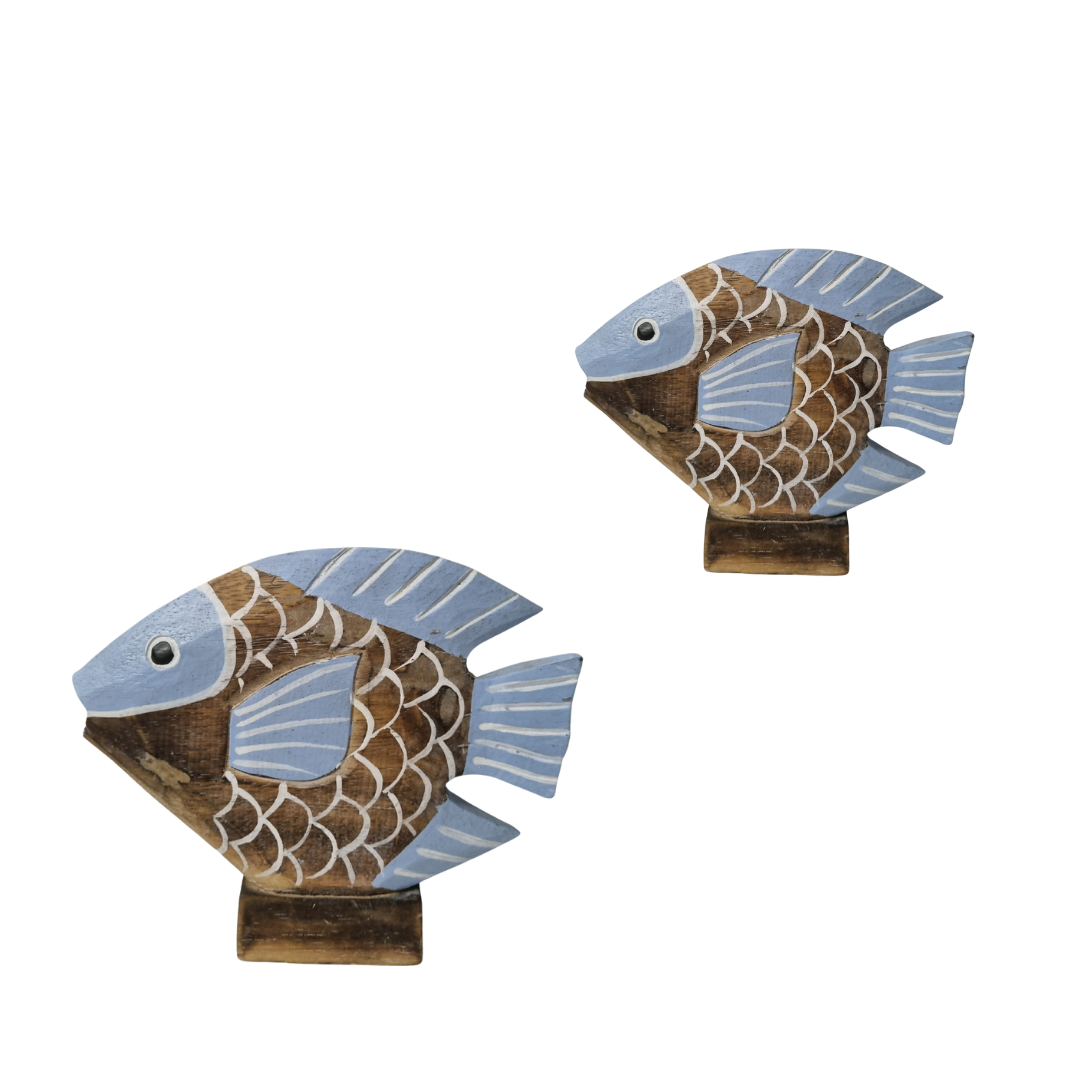 Two light blue and natural wood carved fish sculptures on bases, large and small sizes shown on white background