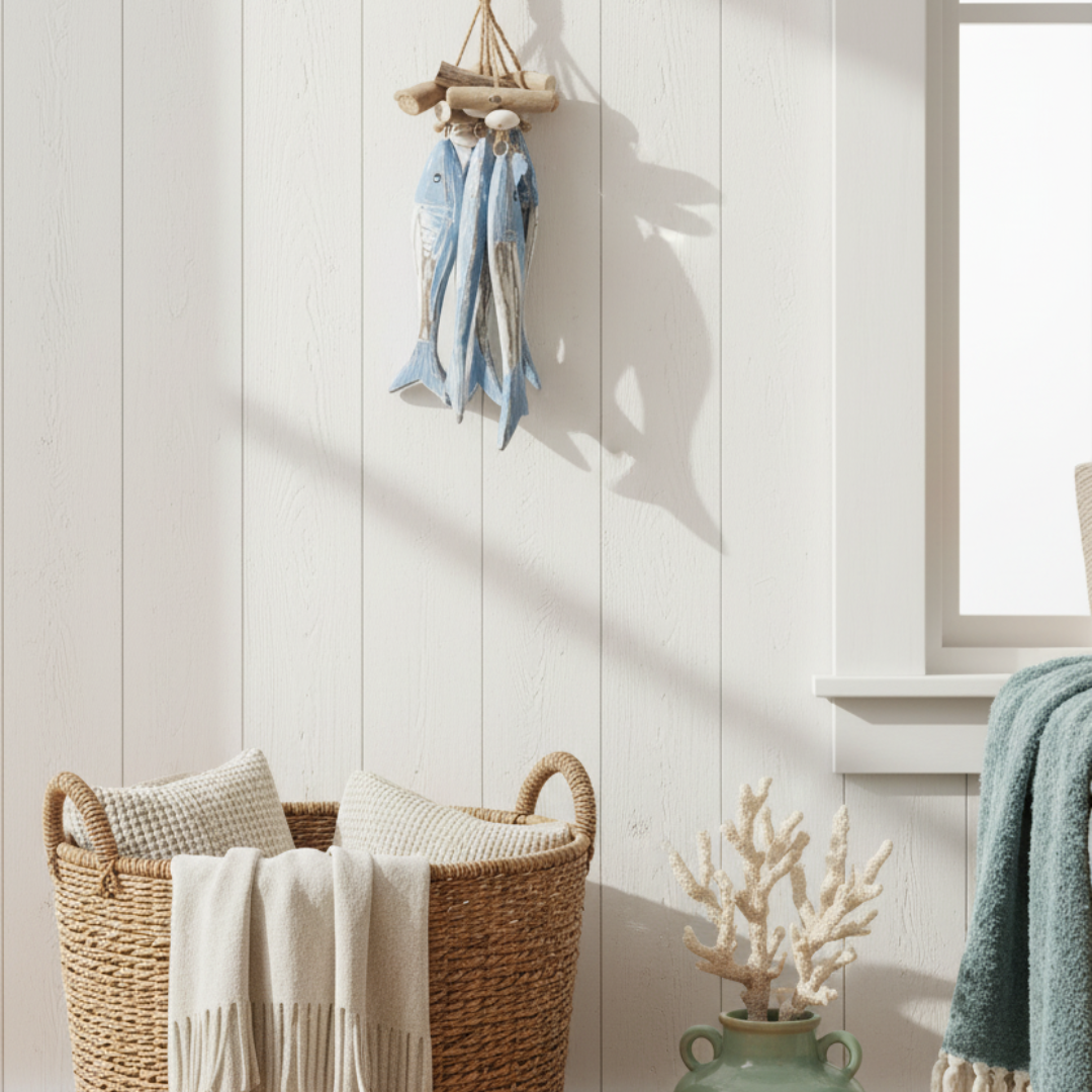 A styled interior scene with a woven wicker basket holding cream knit pillows and a cream throw blanket, set against white paneled walls. A small hanging driftwood  decoration and a mint green vase with coral decor are also visible near a window.