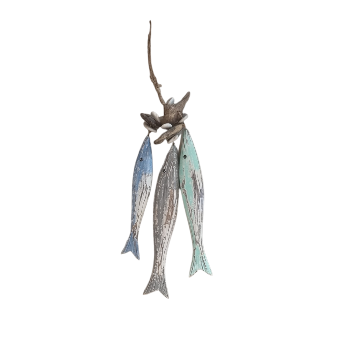 natural driftwood, and mint tones suspended from a branched driftwood hanger with jute rope and small white pebble accents against a white background