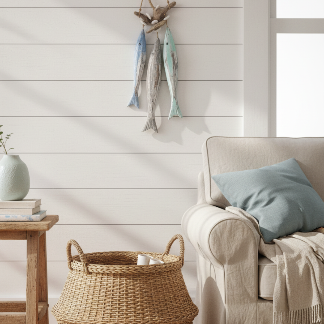 A styled interior corner with a cream armchair, blue throw pillow, woven basket, side table, and a wall-mounted decor against white shiplap.