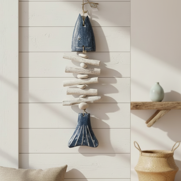 on white shiplap wall with driftwood shelf and woven basket
