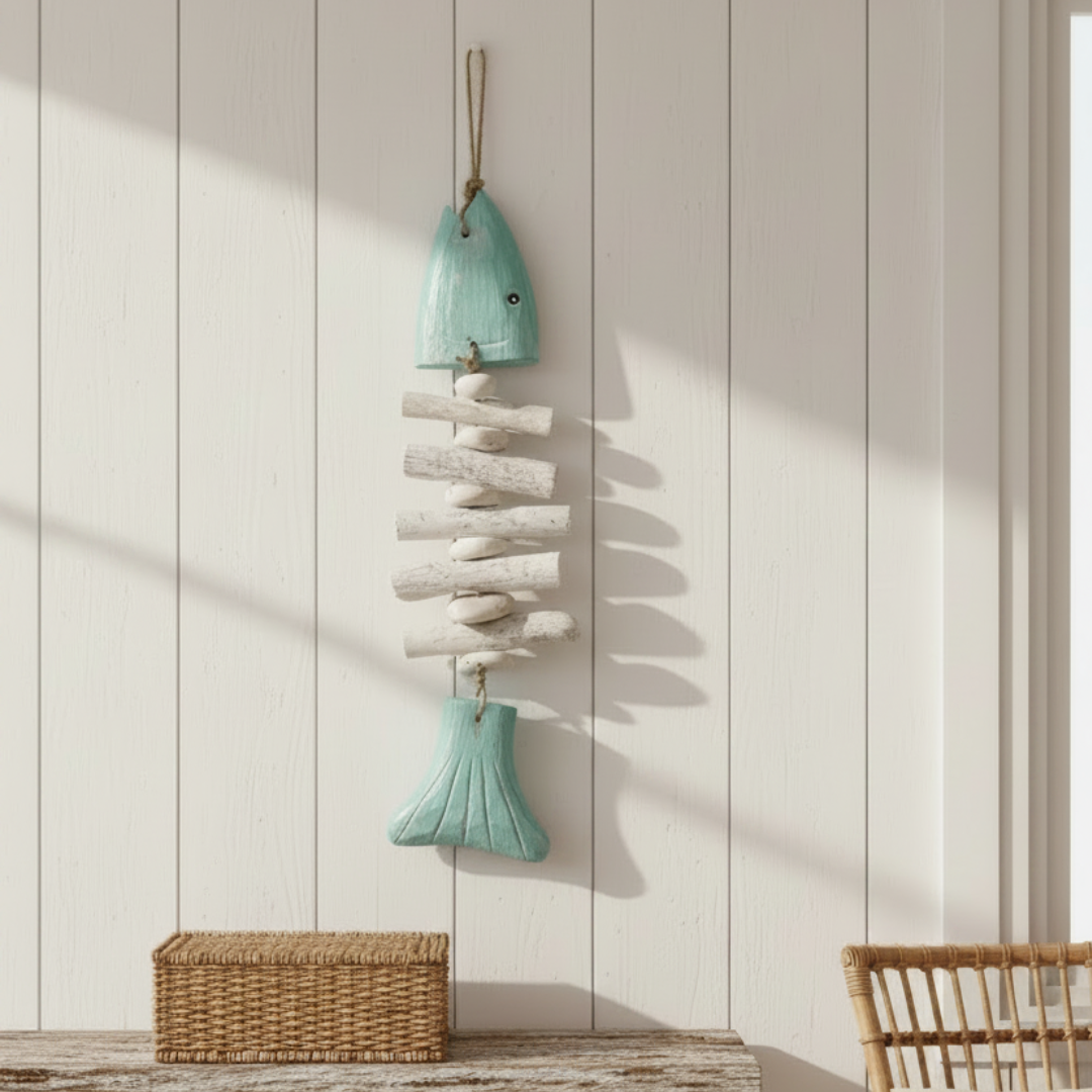 Turquoise driftwood fish bone hanging on white shiplap wall with rattan basket below