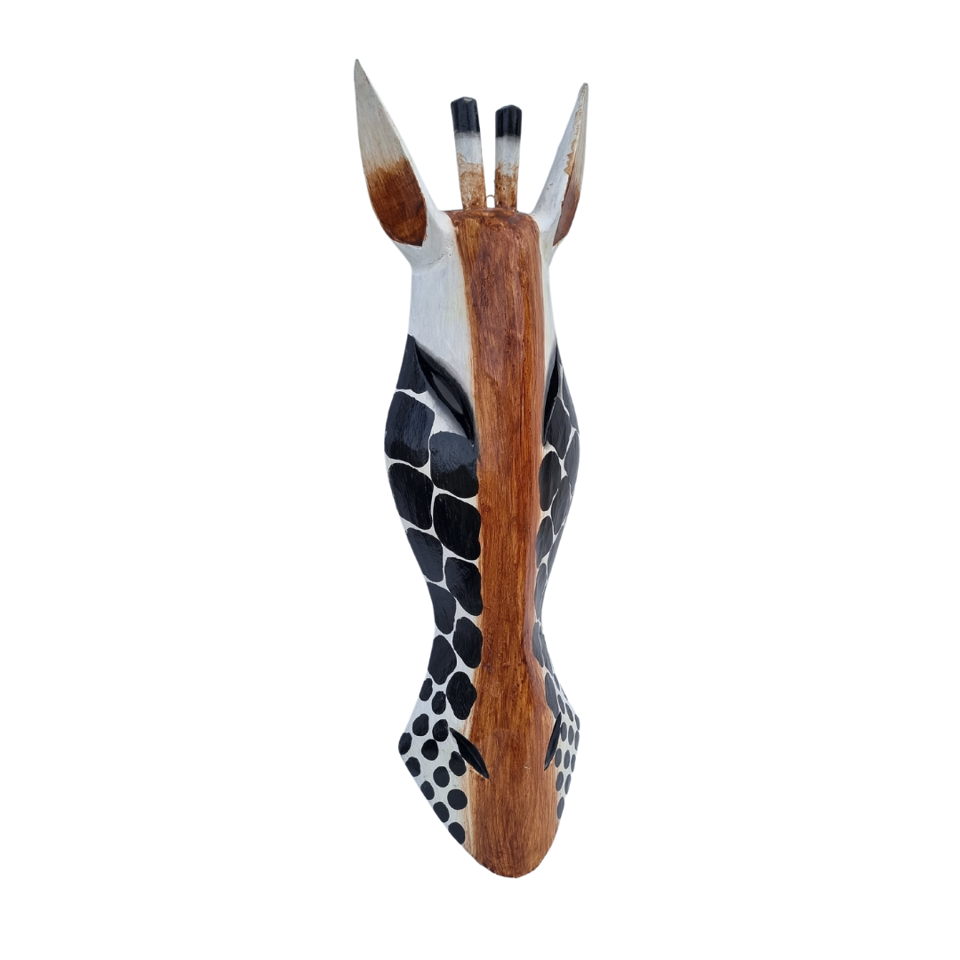 Wooden giraffe mask wall art hand-carved from Albasia wood with black and white spot pattern and natural warm timber grain, white background