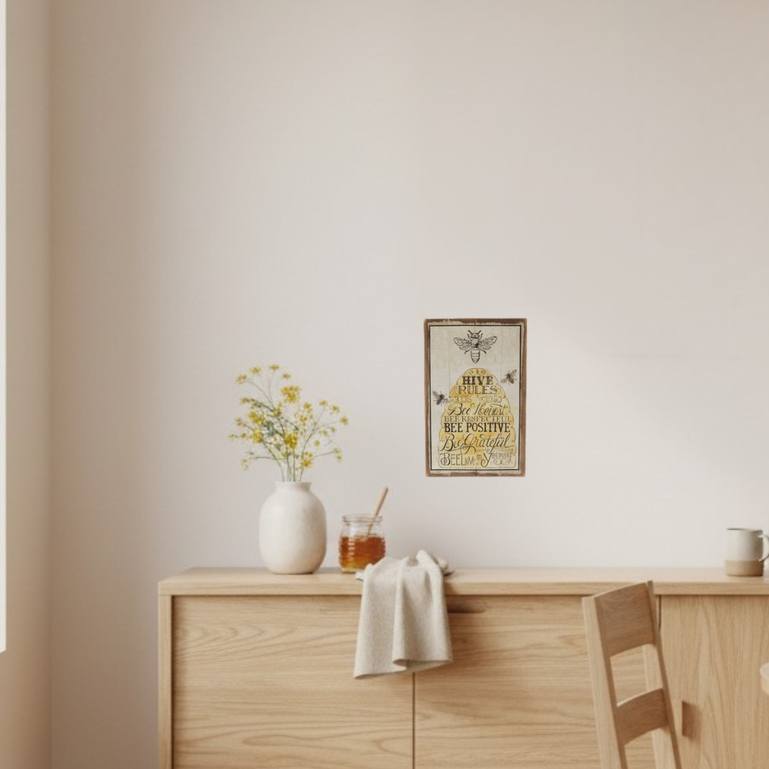 bee positive artwork set on a wall next to a cabinet 