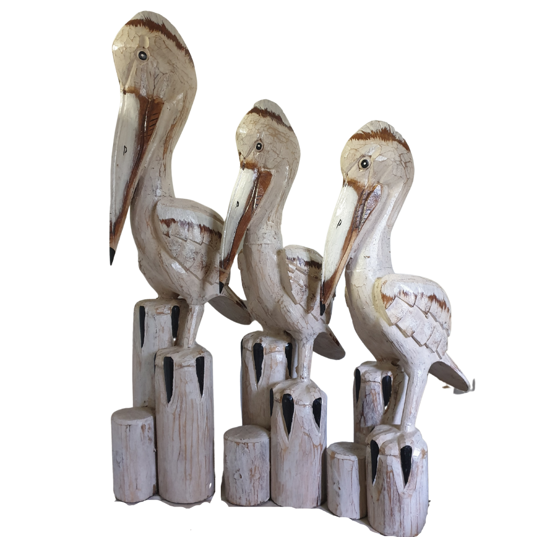 Wooden Pelican Statues Neutral Tones