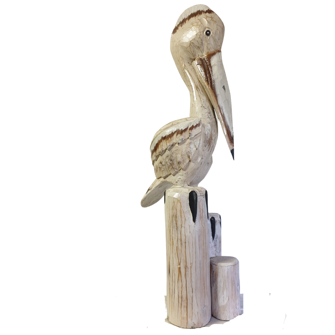 Wooden Pelican Statues Neutral Tones