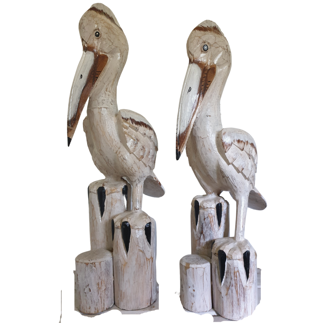 Wooden Pelican Statues Neutral Tones