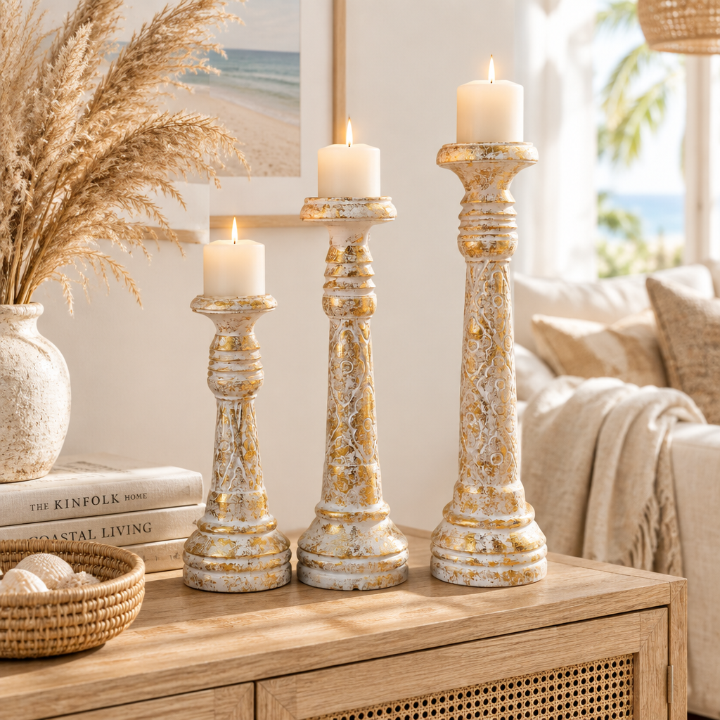 Three carved pillars with lit cream candles on a timber sideboard in a coastal boho living room