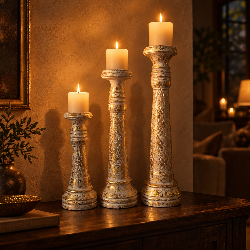 Three carved pillars glowing with candlelight on a dark console in a warm evening room