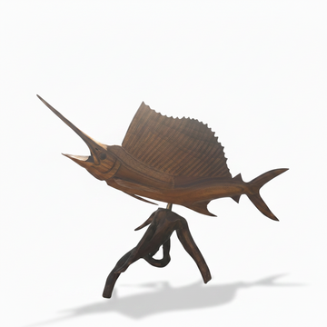 Handmade decorative art piece on a branching natural base, side profile view, light neutral background