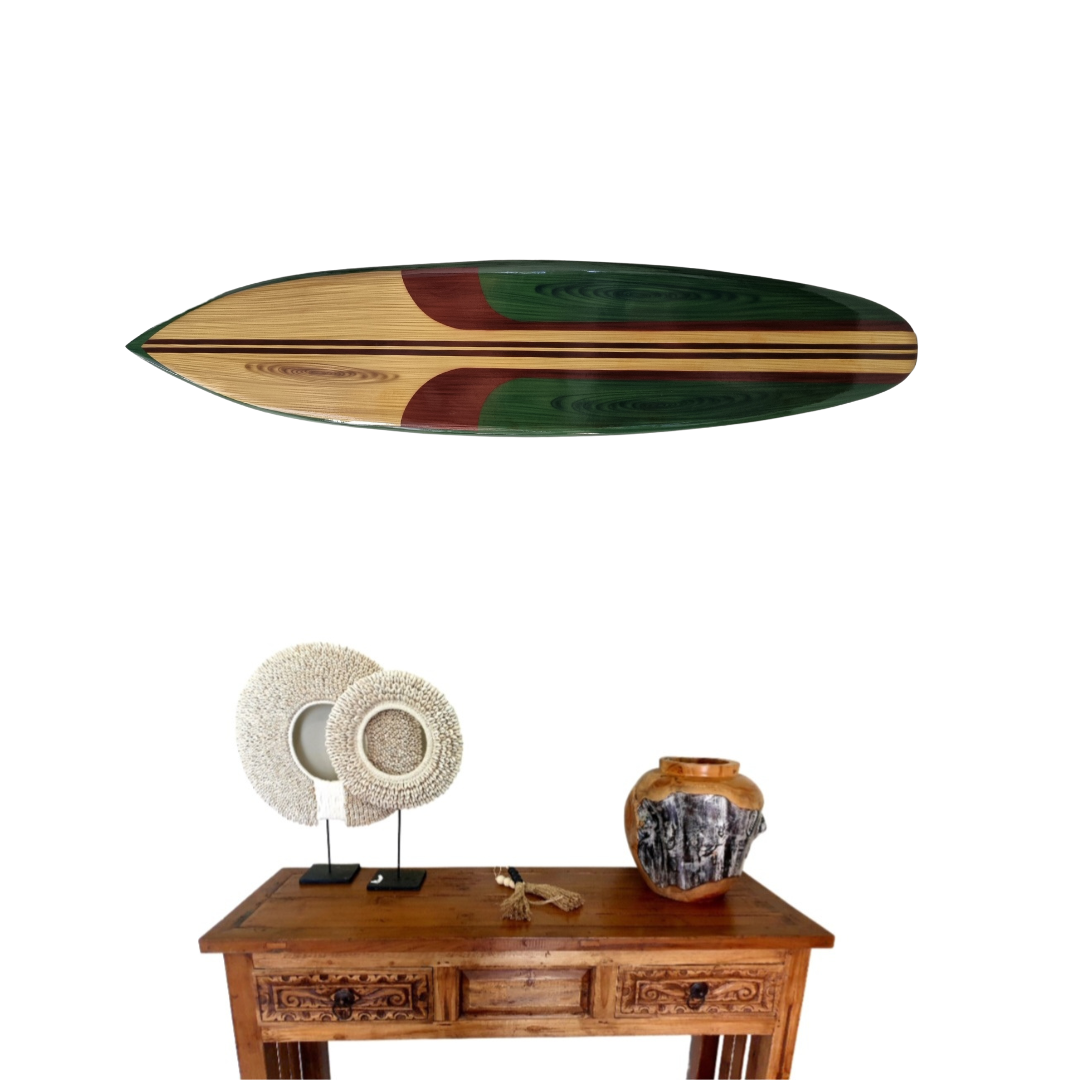 Wooden Surfboard Wall Art Green above a console table on a white background