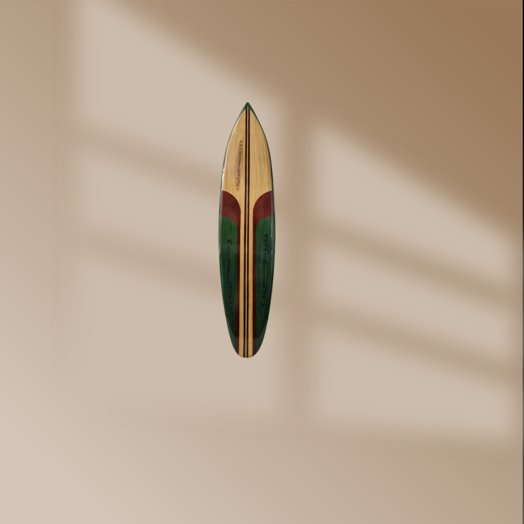 Wooden Surfboard Wall Art Green on a beige background