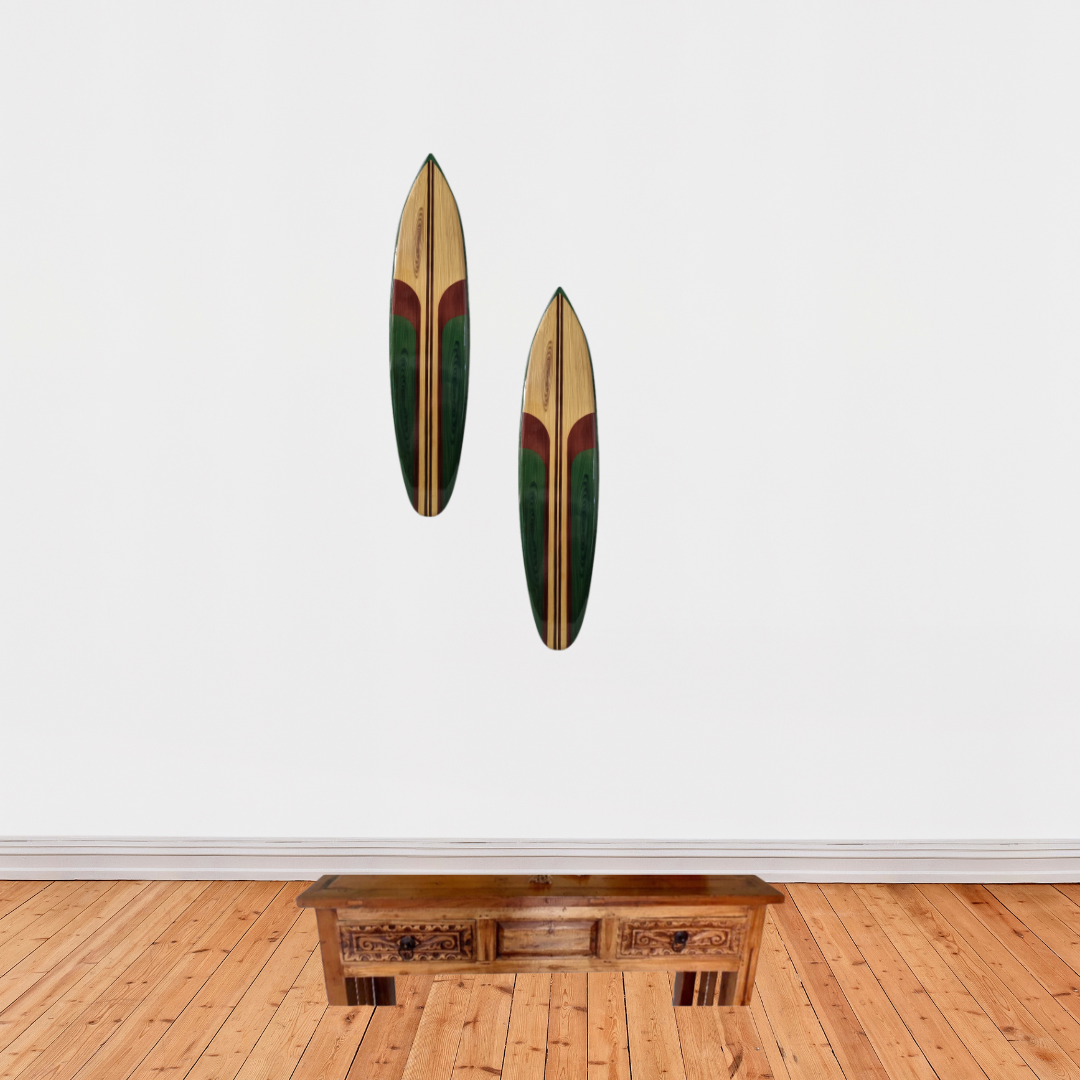 2x Wooden Surfboards Wall Art Green on a living room wall 