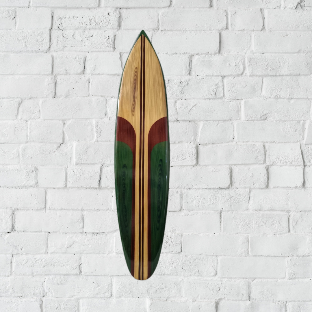 Wooden Surfboard Wall Art Green on a stone wall background