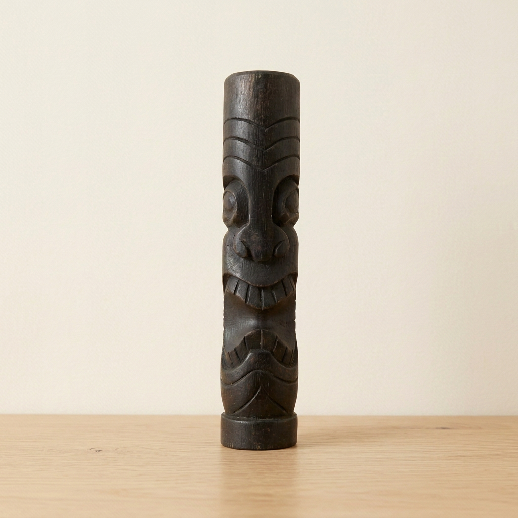 Dark timber carving with V-shaped forehead grooves and a toothy smile, standing on a pale wooden shelf against an ivory wall