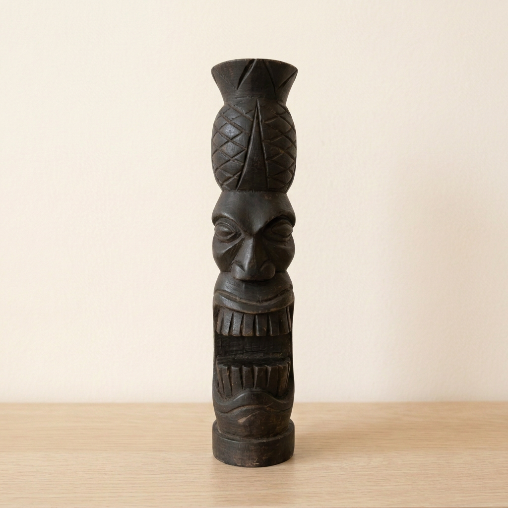 Dark timber carving with V-shaped forehead grooves and a toothy smile, standing on a pale wooden shelf against an ivory wall