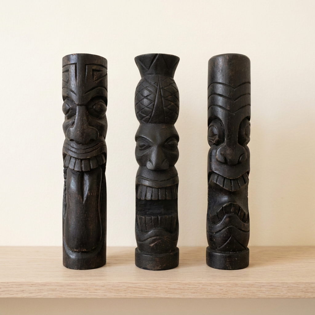 Three dark solid wood carvings with different facial designs, displayed side by side on a pale oak shelf