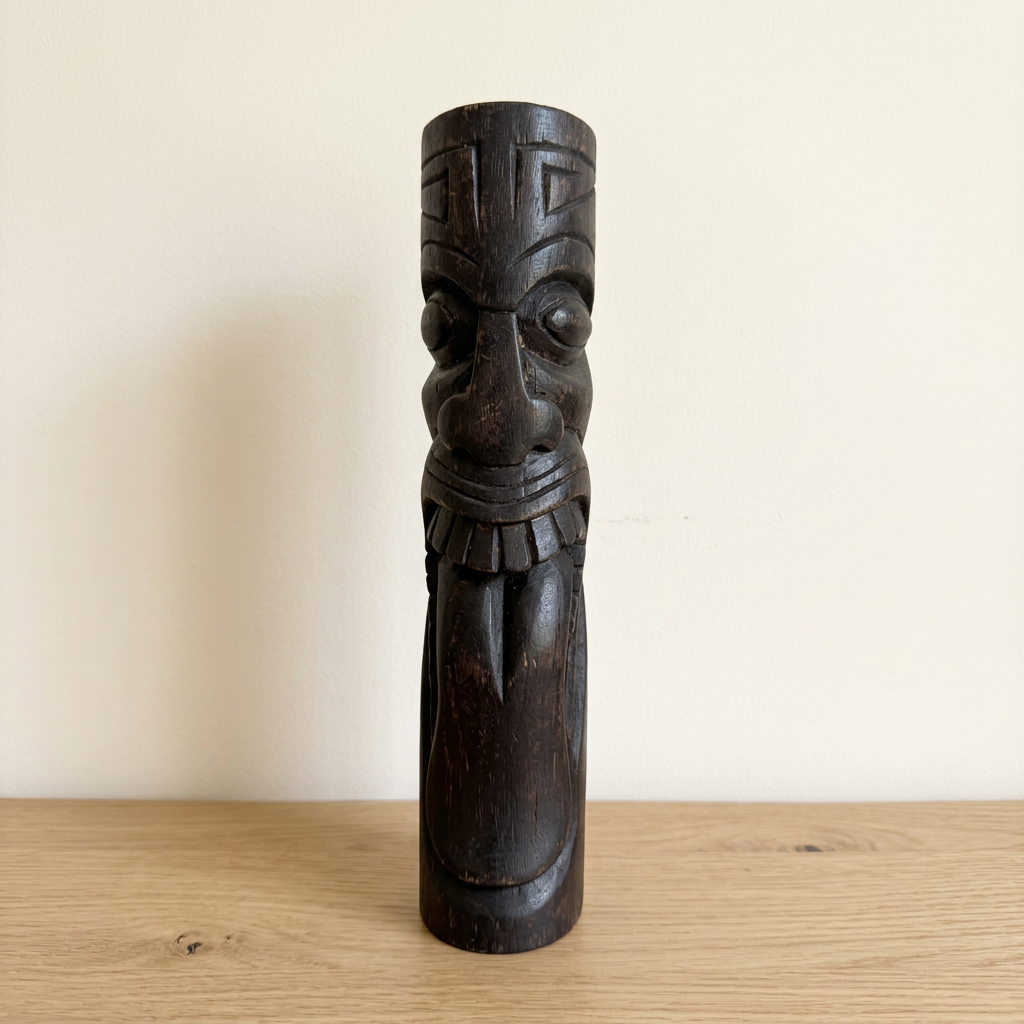 Dark wooden tiki statue with wide eyes and a toothy grin, standing on a pale timber shelf against an ivory wall.