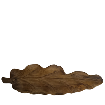 Handcrafted teakwood leaf tray Style 1 (62x20cm) on white background showing full leaf silhouette and natural wood vein detail