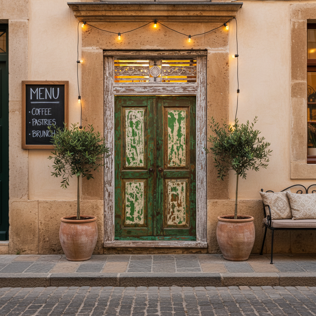 Distressed green reclaimed timber double door as a café entrance with warm interior light glowing through the lattice transom, chalkboard sign and olive trees on a cobblestone street