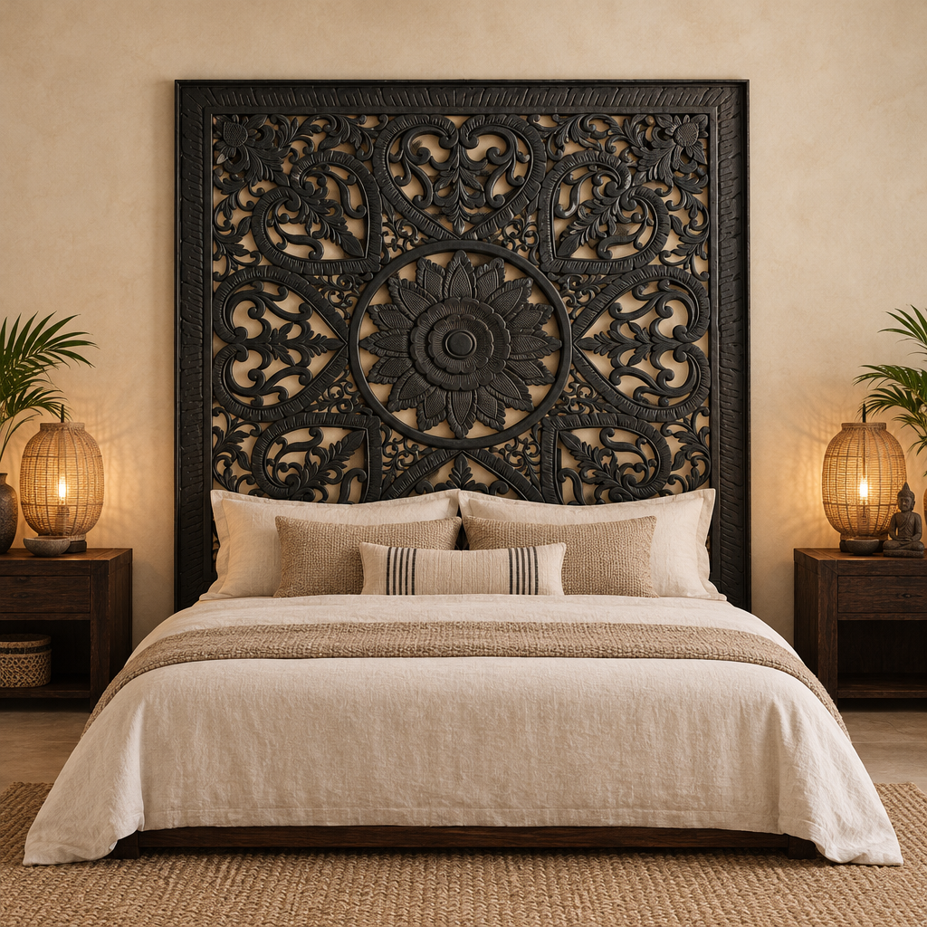 Black cut-out wall panel hung as a bedhead above a king bed, extending past the bed edges on both sides
