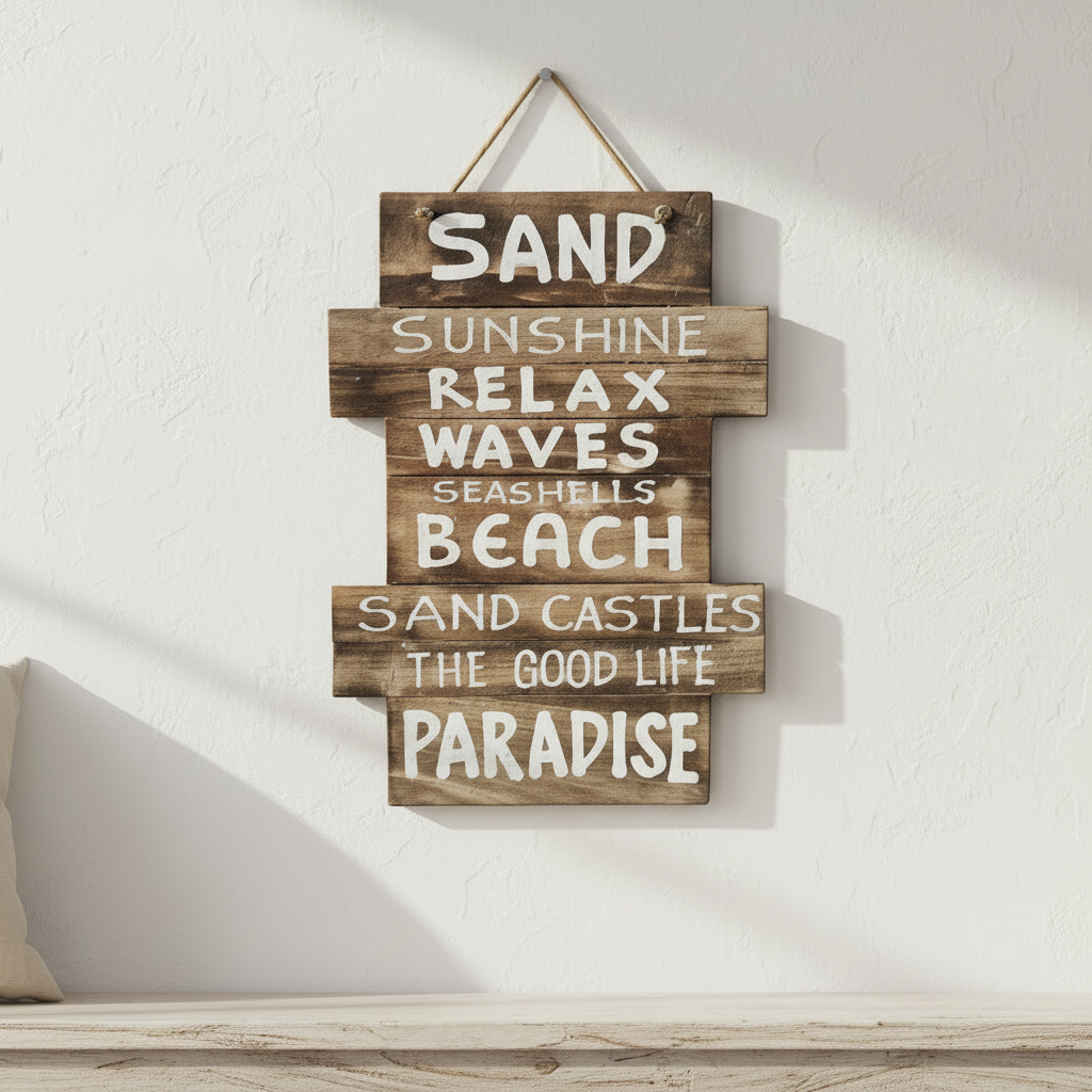 Brown reclaimed-timber Coastal Beach House Wall Sign hanging in a bright coastal interior.