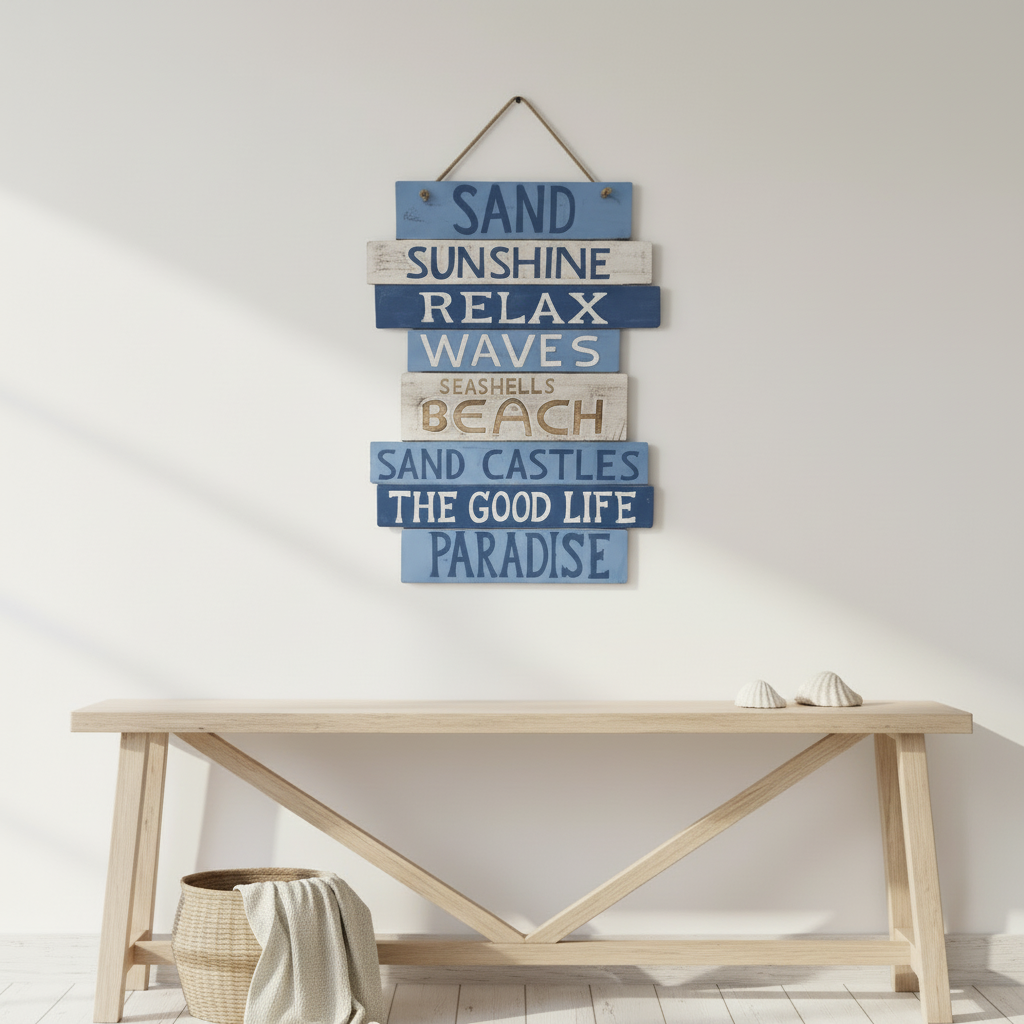 A rustic multi-stripe wooden wall sign with coastal-themed words like 'SAND', 'SUNSHINE', 'RELAX', 'WAVES', 'SEASHELLS', 'BEACH', 'CASTLES', and 'PARADISE' hangs on a white wall above a light wood bench.