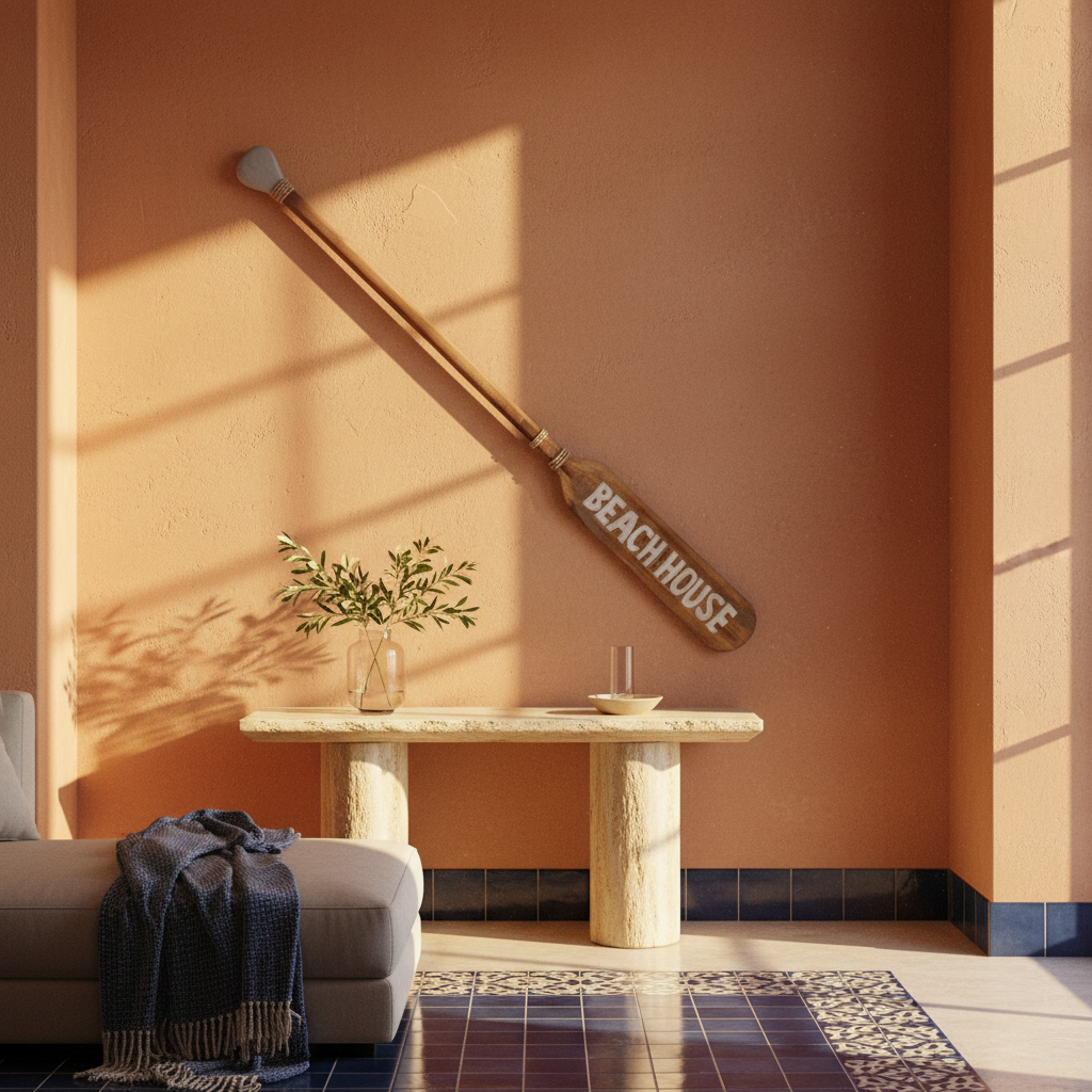 BEACH HOUSE paddle displayed diagonally on a terracotta wall in a Mediterranean coastal interior