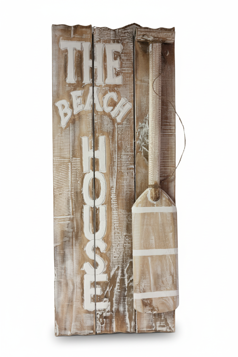 A rustic decorative wall sign made from weathered brown wood planks with white painted lettering 