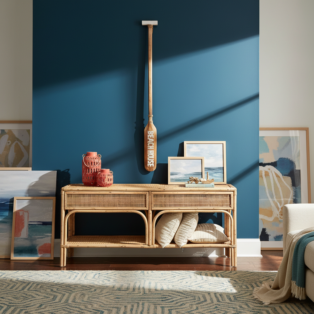 Long timber wall sign on a deep blue feature wall above a rattan console with coastal artwork