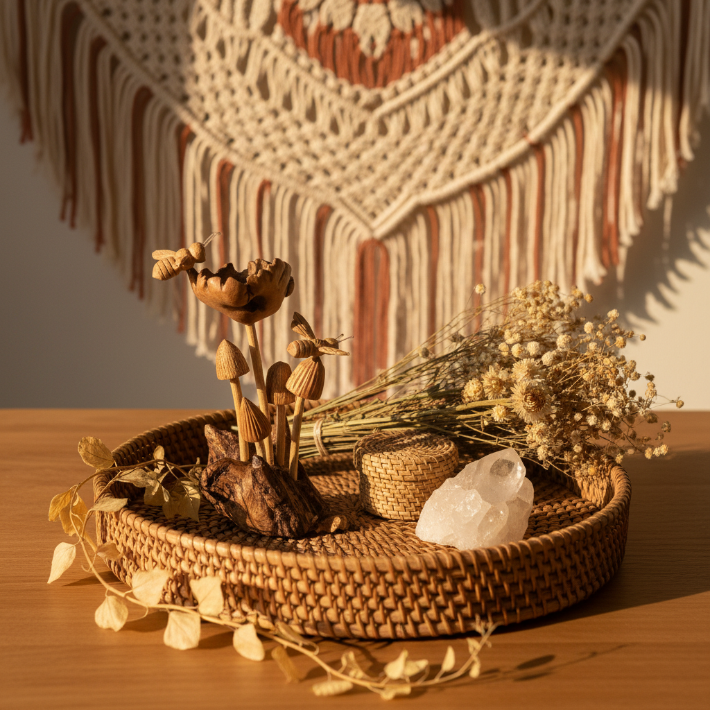 A round woven tray filled with dried flowers, small a wrapped item, and a clear crystal, set on a wooden table with a boho macrame wall hanging in the background.