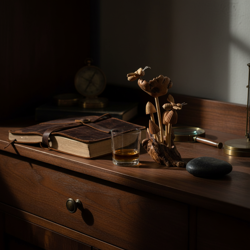 fungi sculpture on a dark timber desk alongside a leather journal, whisky glass, and smooth dark stone