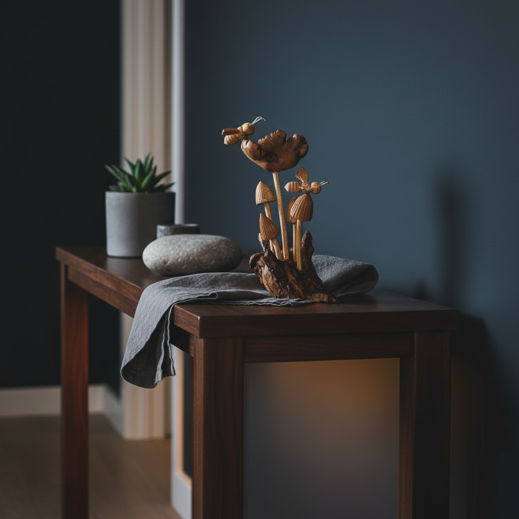 Hand-carved mushroom and bee sculpture on a dark timber console table styled with a river stone, concrete pot succulent, and folded linen