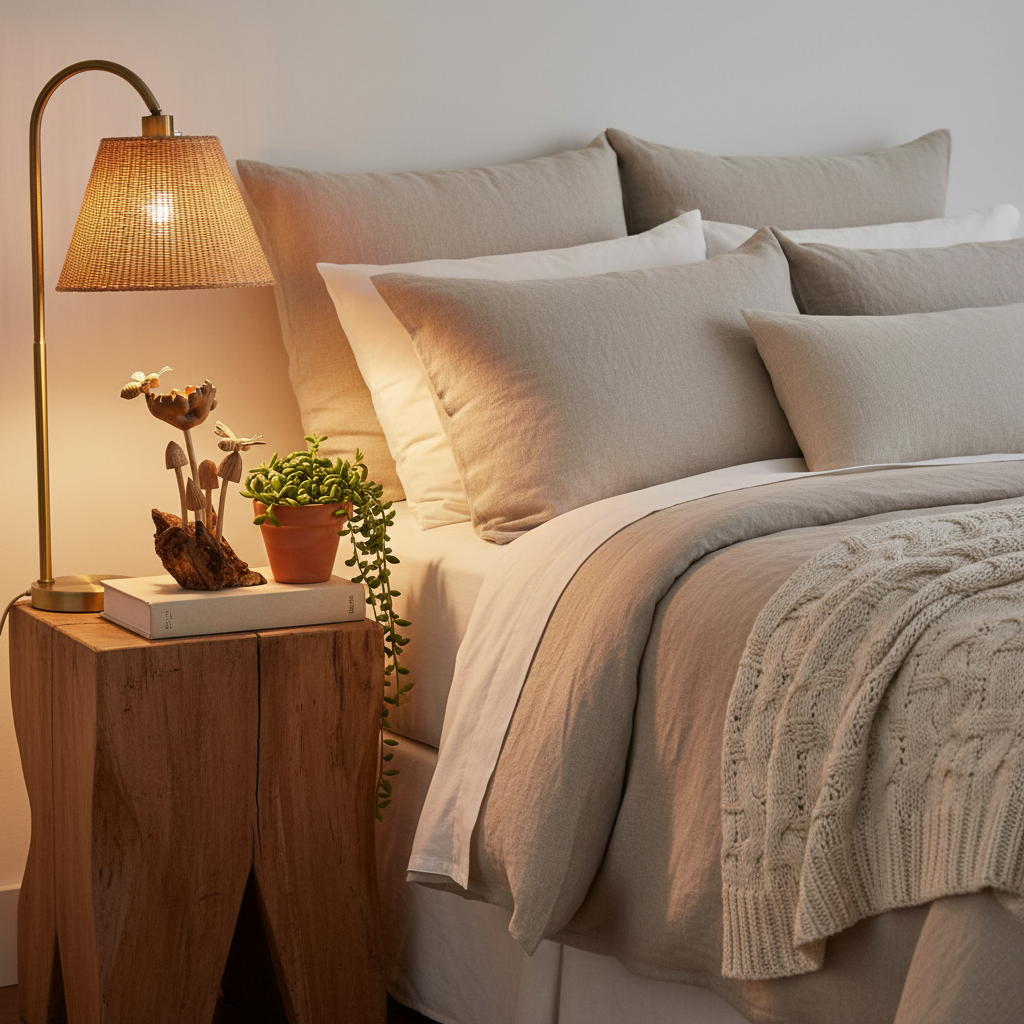fungi style wooden plant craft set on a timber bedside table beside a small potted plant and warm lamp