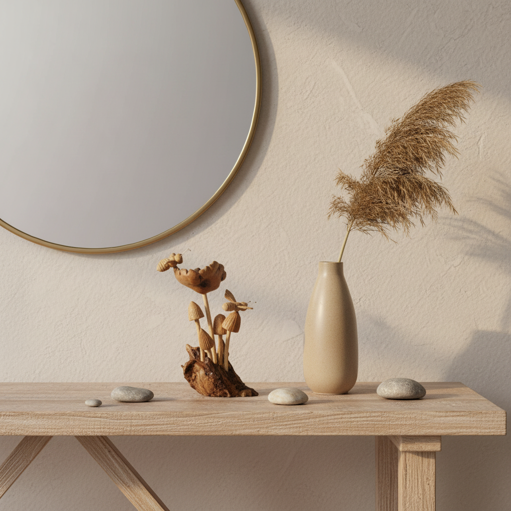 sculpture on a hallway console table styled with dried pampas grass, a round mirror, and river stones
