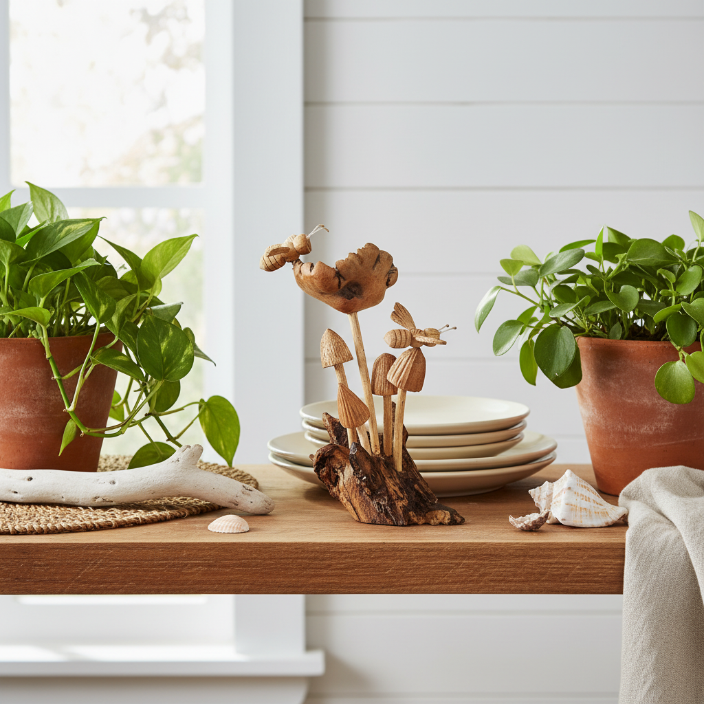 rustoc style art styled on a timber bookshelf between lush green indoor plants in terracotta pots