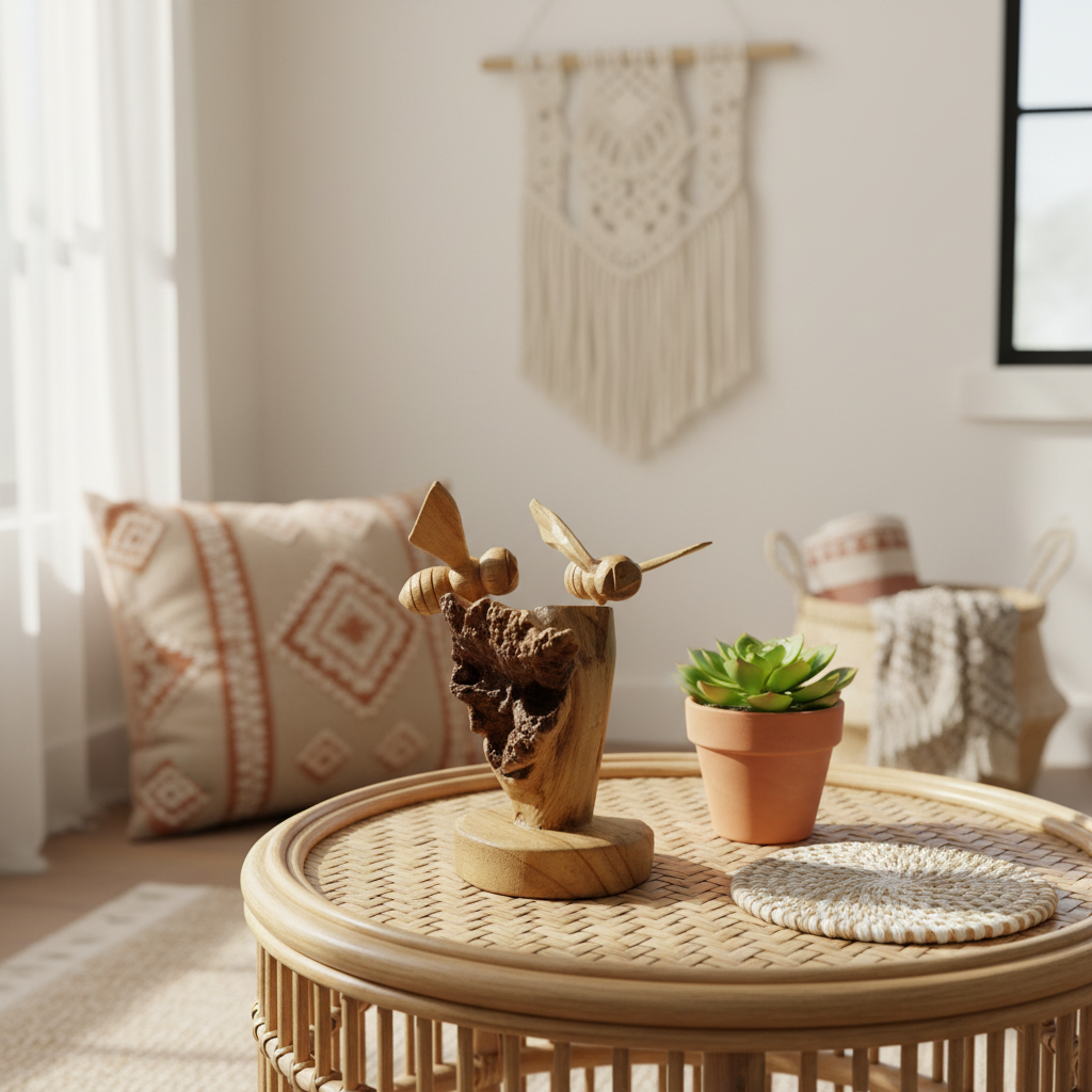 Handcarved wooden bees sculpture, styled on a rattan side table with a small succulent and woven coaster