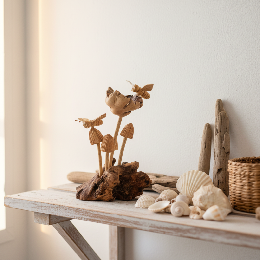 Hand holding a carved wooden bees and mushrooms sculpture on a parasite wood base, showing scale