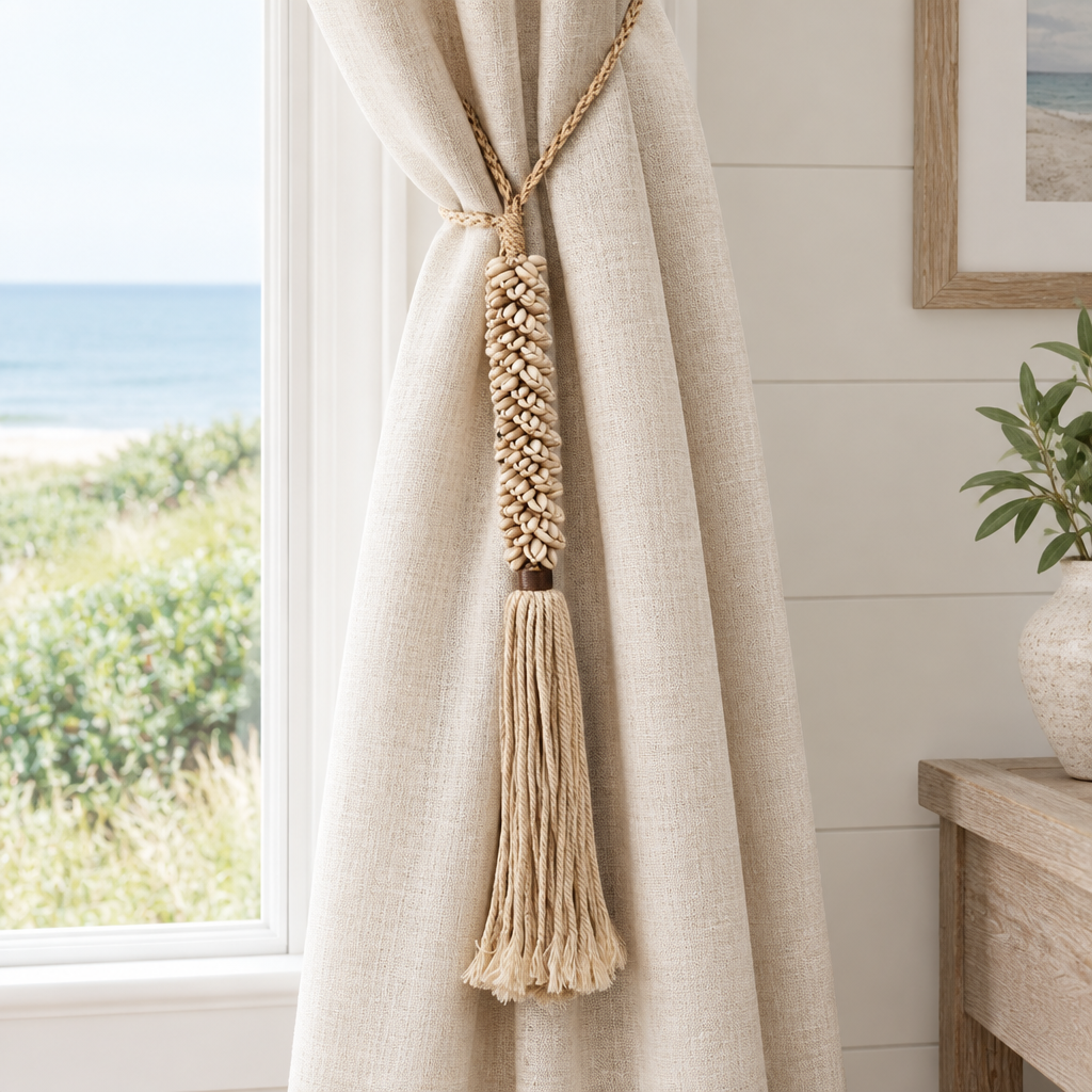 BEIGE cowrie shell curtain tieback holding back a natural linen drape