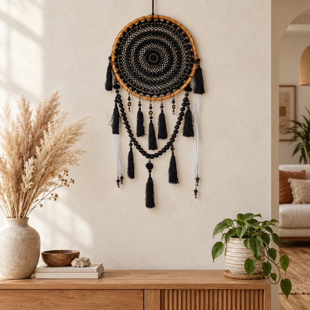 A bohemian-style dreamcatcher wall hanging with a circular woven frame, black tassel fringe, and hanging beads, displayed on a beige wall above a wooden console table in a styled room.