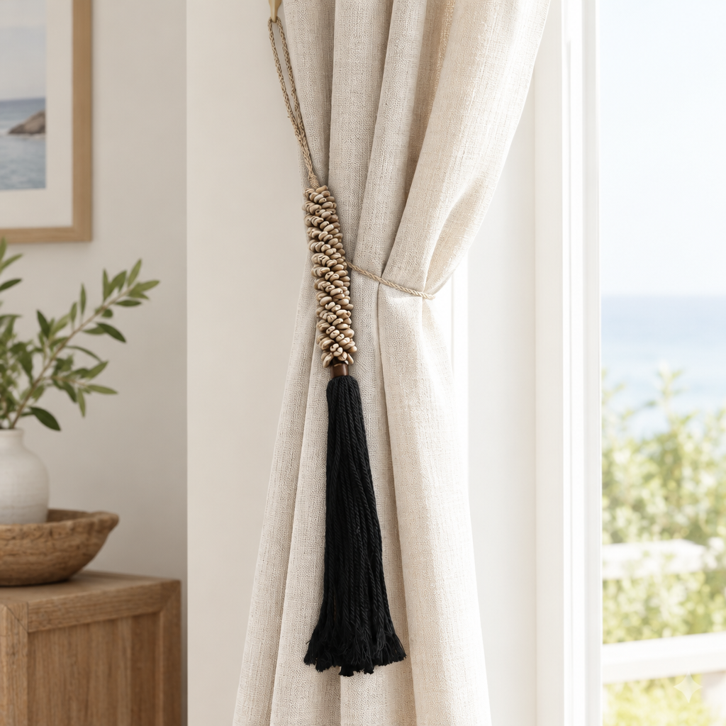 Black cowrie shell curtain tieback holding back a natural linen drape