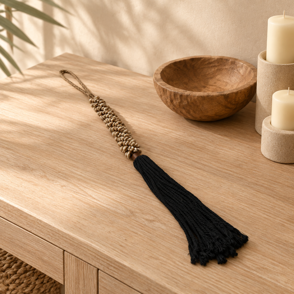 Black cotton fringe laid beside a wooden bowl and candle holders