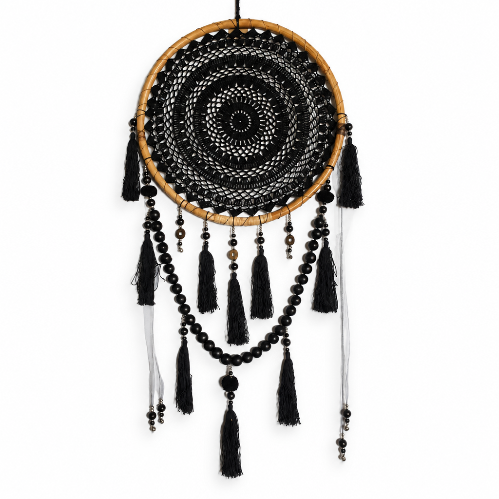Black dream catcher, 100cm x 45cm, with natural rattan hoop