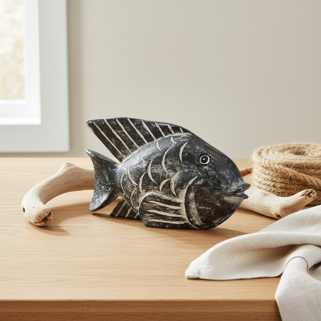 Black wash hand-carved wooden fish ornament styled on a natural timber table top with driftwood and jute accents