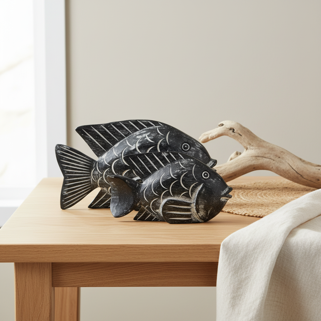 Large and small black wash carved wooden fish ornaments styled together on a natural timber table top with coastal accents