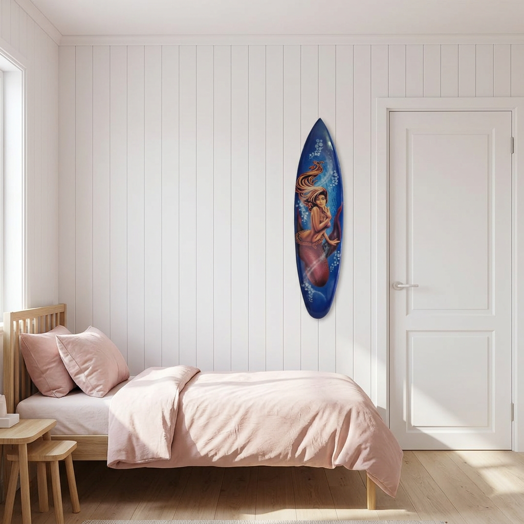Blue elongated panel with a pink-tailed figure, displayed beside a timber single bed with blush bedding.