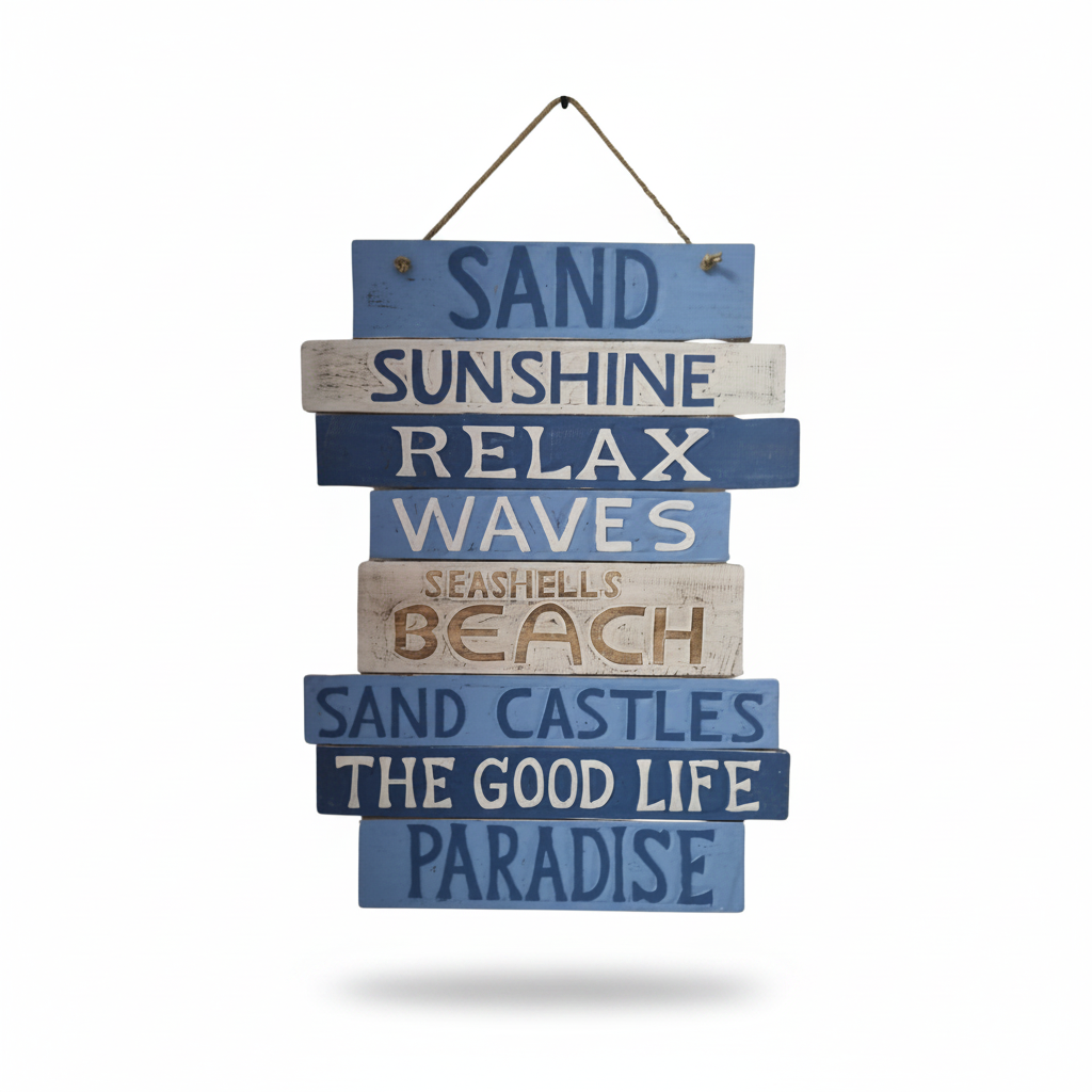 A rustic stacked wooden sign with blue, navy, and whitewashed planks reading 'Sand Sunshine Relax Waves Seashells Beach Sand Castles The Good Life Paradise' on a white background.