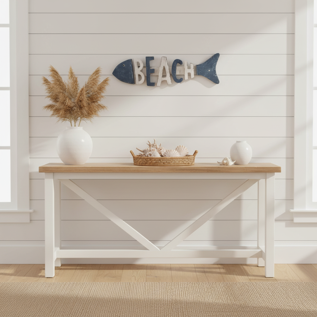 Blue and white distressed wooden wall sign with BEACH lettering hung on white shiplap above a coastal console table with white ceramic vases, dried pampas grass and a woven rattan tray