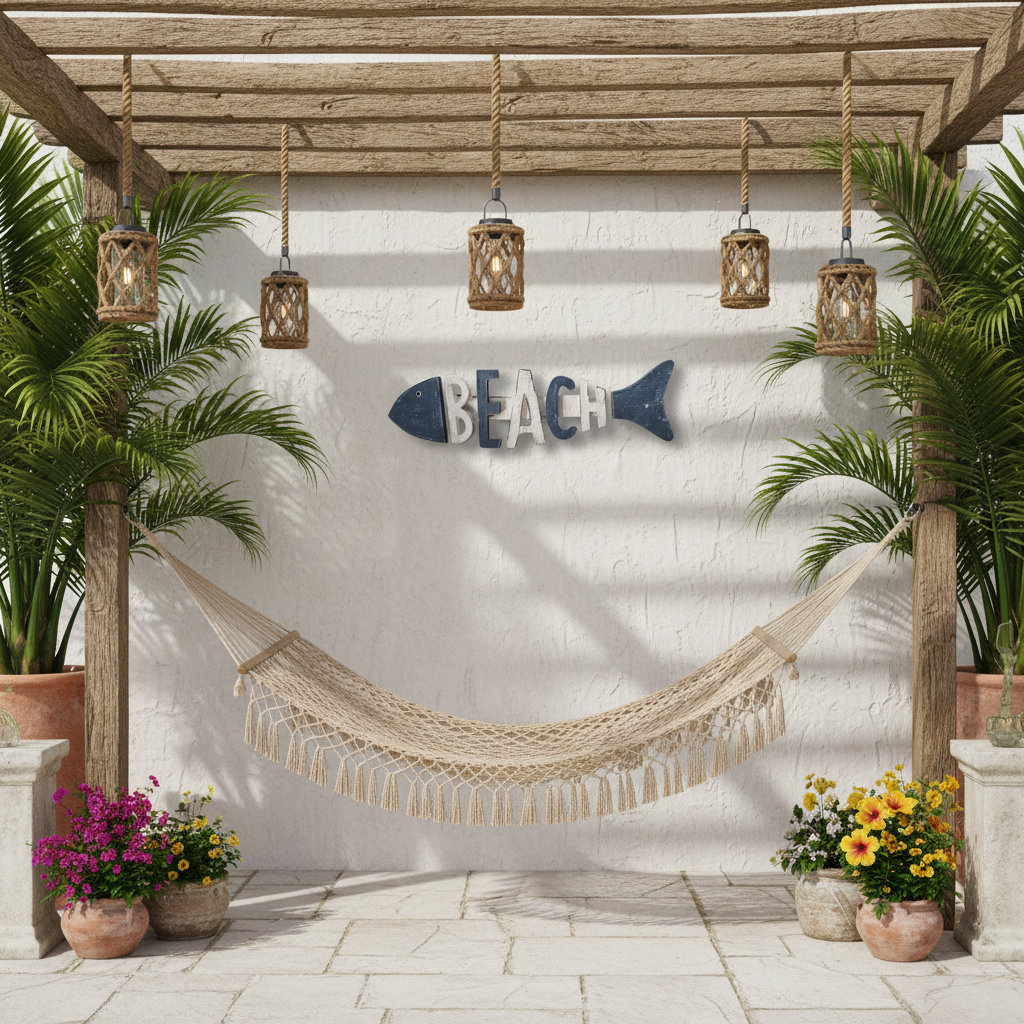 Blue and white wooden BEACH wall sign displayed on a rendered outdoor patio wall under a timber pergola with rope lanterns, a hammock and tropical palms